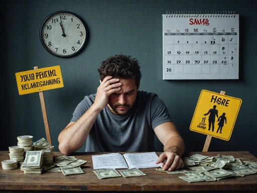 Señales de alerta del juego problemático con iconos de estrés, deuda y conflictos